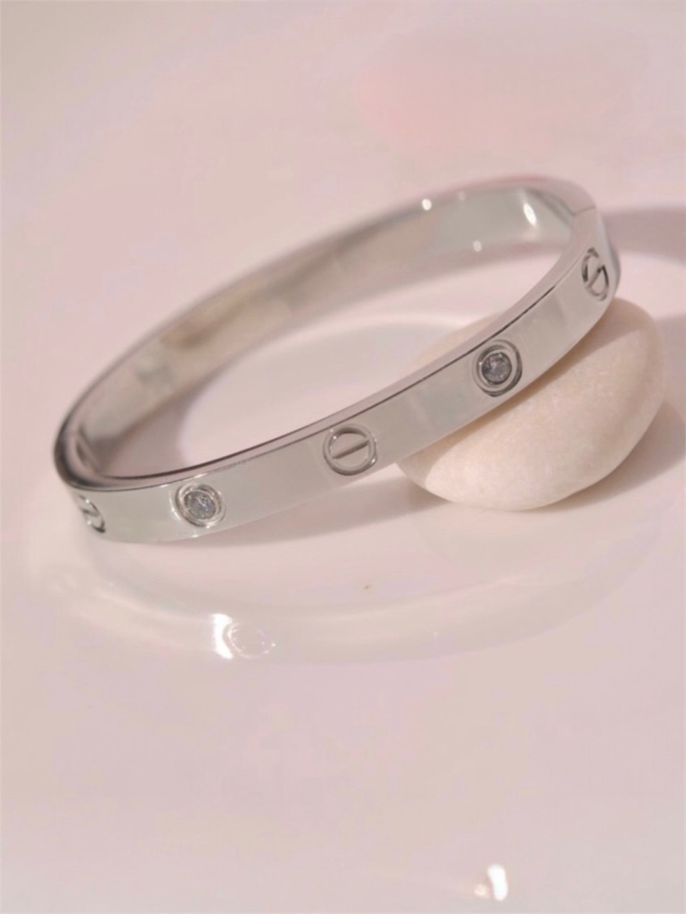 Silver Tone Bangle Bracelet Love Design Zirconia Stainless Steel Non-Tarnish
